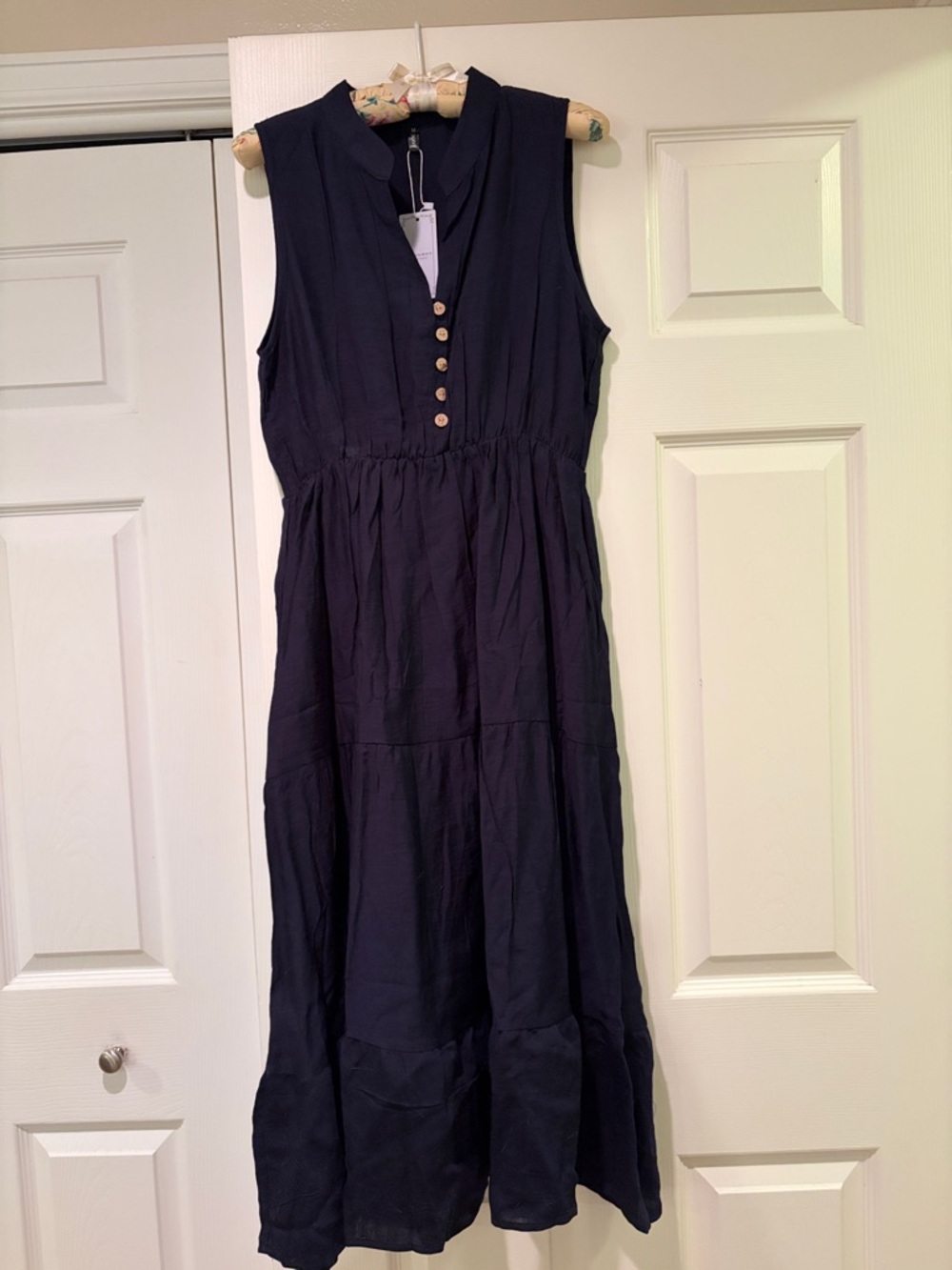 Sleeveless Navy A-line Button-Front Maxi Dress